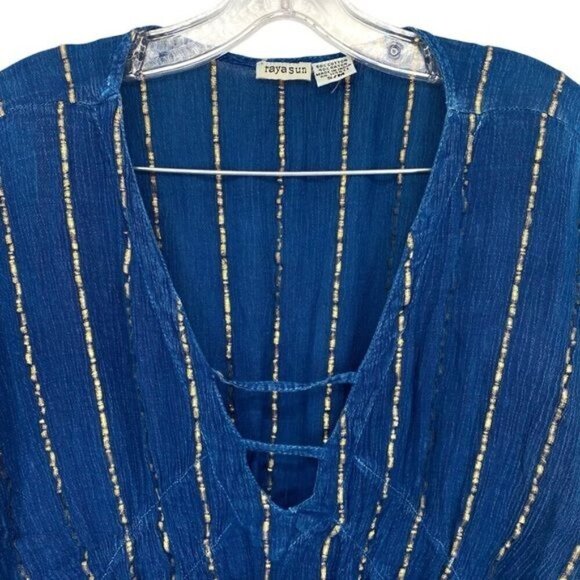 Raya Sun Cover Up Kaftan Blue Gold Boho Beach Vacation Swimsuit Coverup - Picture 4 of 13